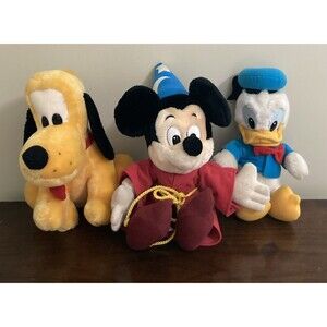 Vintage Walt Disney Mickey Mouse Sorcerer Pluto Donald Duck Plush Lot of 3